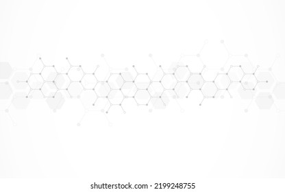 Hexagons pattern on gray background. Genetic research, molecular structure. Chemical engineering. Concept of innovation technology. Used for design healthcare, science and medicine background