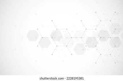 Hexagons pattern on gray background. Genetic research, molecular structure. Chemical engineering. Concept of innovation technology. Used for design healthcare, science and medicine background