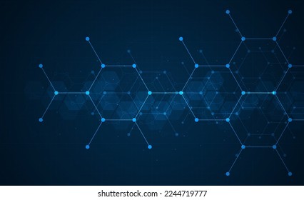 Hexagons pattern on gray background. Genetic research, molecular structure. Chemical engineering. Concept of innovation technology. Used for design healthcare, science and medicine background