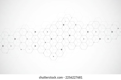 Hexagons pattern on gray background. Genetic research, molecular structure. Chemical engineering. Concept of innovation technology. Used for design healthcare, science and medicine background - Shutterstock ID 2256227681