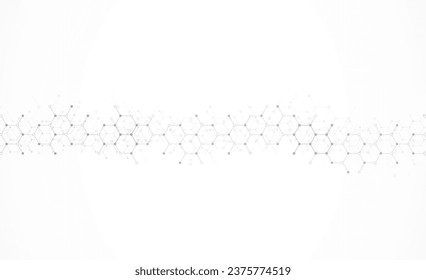 Hexagons pattern on gray background. Genetic research, molecular structure. Chemical engineering. Concept of innovation technology. Used for design healthcare, science and medicine background 