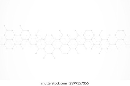 Patrón de hexagones sobre fondo gris. Investigación genética, estructura molecular. Ingeniería química. Concepto de tecnología de innovación. Utilizado para el diseño de la asistencia sanitaria, la ciencia y la medicina 