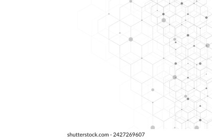 Hexagons pattern on gray background. Genetic research, molecular structure. Chemical engineering. Concept of innovation technology. Used for design healthcare, science and medicine background