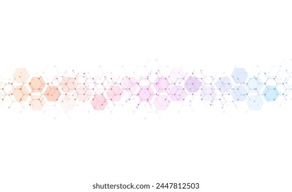 Hexagons pattern on gray background. Genetic research, molecular structure. Chemical engineering. Concept of innovation technology. Used for design healthcare, science and medicine background