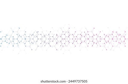 Hexagons pattern on gray background. Genetic research, molecular structure. Chemical engineering. Concept of innovation technology. Used for design healthcare, science and medicine background