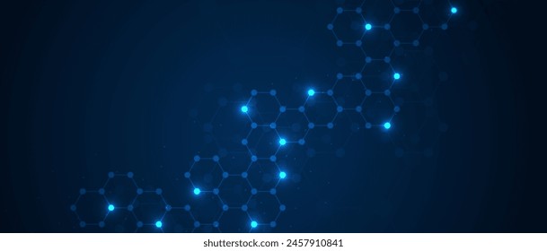 Hexagons pattern on gray background. Genetic research, molecular structure. Chemical engineering. Concept of innovation technology. Used for design healthcare, science and medicine background