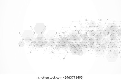 Patrón hexagonal sobre fondo gris. Investigación genética, estructura molecular. La ingeniería química. Concepto de tecnología de innovación. Se utiliza para el diseño de la salud, la ciencia y la medicina