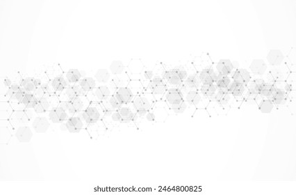 Patrón hexagonal sobre fondo gris. Investigación genética, estructura molecular. La ingeniería química. Concepto de tecnología de innovación. Se utiliza para el diseño de la salud, la ciencia y la medicina