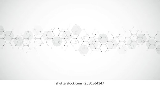 Hexagons pattern on gray background. Genetic research, molecular structure. Chemical engineering. Concept of innovation technology. Used for design healthcare, science and medicine background