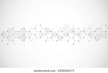 Hexagons pattern on gray background. Genetic research, molecular structure. Chemical engineering. Concept of innovation technology. Used for design healthcare, science and medicine background
