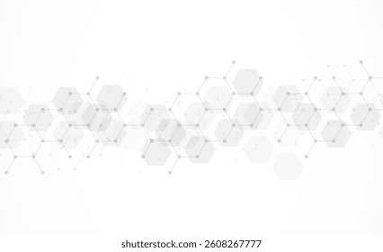 Hexagons pattern on gray background. Genetic research, molecular structure. Chemical engineering. Concept of innovation technology. Used for design healthcare, science and medicine background