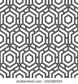 Hexagons, quadrangles pattern. Geometric background. Simple shapes backdrop. Polygons motif. Geometrical figures wallpaper. Seamless ornament. Digital paper, abstract