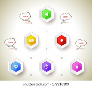 Hexagons relationship with icons long shadows. Can use for business concept, advertising, promotions , education diagram.