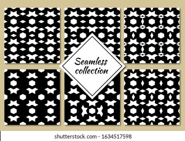 Hexagons, rhombuses, diamonds, lozenges, figures seamless patterns collection. Folk prints. Ethnic ornaments set. Tribal wallpapers kit. Geometrical backgrounds. Retro motif. Abstract vectors bundle