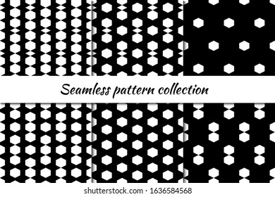 Hexagons, rhombuses, diamonds, lozenges seamless patterns collection. Folk prints. Ethnic ornaments set. Tribal wallpapers kit. Geometrical backgrounds. Retro motif. Abstract images. Vectors bundle.