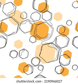 Hexagons seamless pattern,abstract line drawing.Vector.Seamless texture with honeycombs,hexagons doodle style hand drawing.Modern abstract background for wallpaper design,wrapping, cover paper, fabric