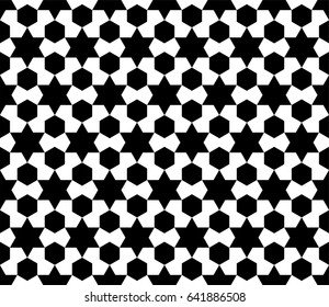 Hexagons and starts pattern in black and white