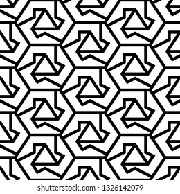 Hexagons, triangles, figures ornament. Polygons background. Simple shapes wallpaper. Mosaics motif. Geometrical backdrop. Digital paper, web designing, textile print. Seamles pattern.