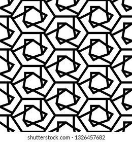 Hexagons, triangles, figures ornament. Polygons background. Simple shapes wallpaper. Mosaics motif. Geometrical backdrop. Digital paper, web designing, textile print. Seamles pattern.