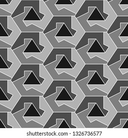 Hexagons, triangles, figures ornament. Polygons background. Simple shapes wallpaper. Mosaics motif. Geometrical backdrop. Digital paper, web designing, textile print. Seamles pattern.
