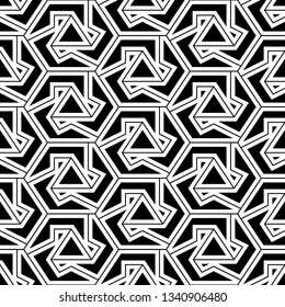 Hexagons, triangles, figures ornament. Polygons background. Simple shapes wallpaper. Mosaics motif. Geometrical backdrop. Digital paper, web designing, textile print. Seamles pattern.