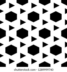 Hexagons, triangles pattern. Geometrical backdrop. Triangular, hexagonal shapes wallpaper. Geometric background. Polygons motif. Digital paper, abstract. Seamless ornament. Vector