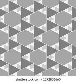 Hexagons, triangles, rhombuses pattern. Geometrical background. Triangular, quadrangular, hexagonal shapes wallpaper. Geometric backdrop. Polygons motif. Digital paper, abstract. Seamless ornament