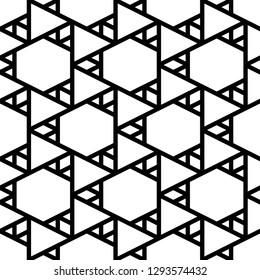 Hexagons, triangles, rhombuses pattern. Geometrical backdrop. Triangular, quadrangular, hexagonal shapes wallpaper. Geometric background. Polygons motif. Digital paper, abstract. Seamless ornament