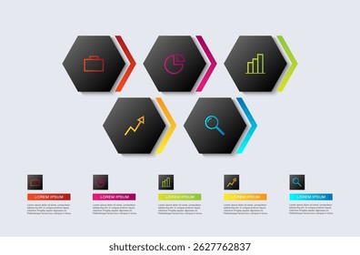 Hexagons vector template business and marketing infographics for five steps or processes. Infographic design with icons and place for data