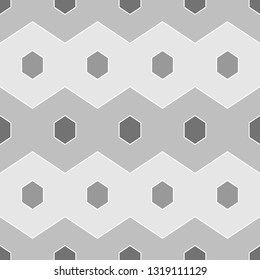Hexagons, zigzag lines ornament. Geometrical backdrop. Shapes background. Geometric wallpaper. Polygonal, linear motif. Digital paper, textile print, abstract. Seamless pattern. Vector.
