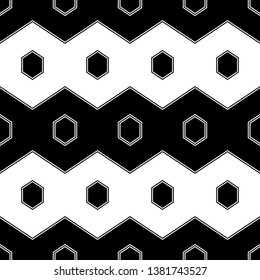 Hexagons, zigzag lines ornament. Geometrical backdrop. Shapes background. Geometric wallpaper. Polygonal, linear motif. Digital paper, textile print, abstract. Seamless pattern. Vector.