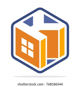 hexagon-shaped logo with isometric style and the initial letter K
