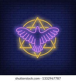 Hexagram in circle with bird neon sign. Ethnic symbol design. Night bright neon sign, colorful billboard, light banner. Vector illustration in neon style.