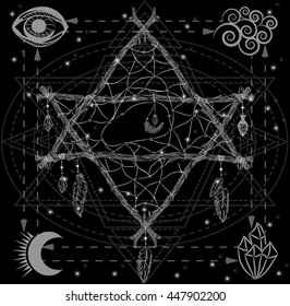 Hexagram dreamcatcher with four primordial elements in geometric frame. Fire, water, air, earth. Boho style.