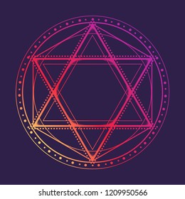 Hexagram encompassed with a circle. Multicultural symbol representing anahata chakra in yoga and a Star of David. Line drawing isolated on a deep violet background. Tattoo design. EPS10 vector