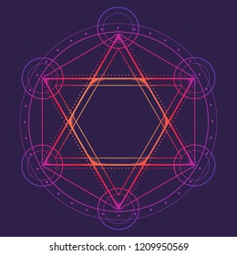 Hexagram umschlossen mit einem Kreis. Multikulturelles Symbol für Anahata Chakra in Yoga und einen Star von David. Linienzeichnung einzeln auf violettem Hintergrund. Tattoo-Design. EPS10-Vektor