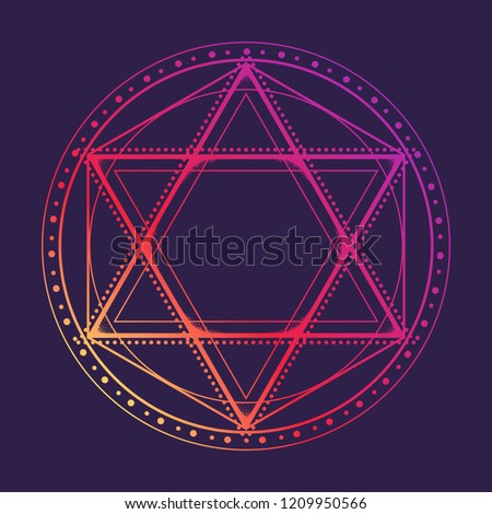 Hexagram encompassed with a circle. Multicultural symbol representing anahata chakra in yoga and a Star of David. Line drawing isolated on a deep violet background. Tattoo design. EPS10 vector