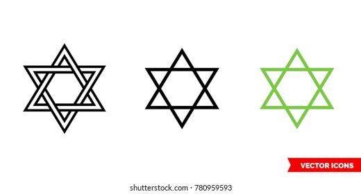 Hexagram icon of 3 types: color, black and white, outline. Isolated vector sign symbol.