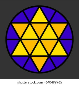 Hexagram leadlight impression, generated by a black triangle pattern in a circle with yellow and blue color. Rosette window, also Catherine or wheel window. Illustration on gray background. Vector.