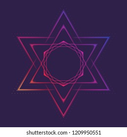 Hexagram. Multicultural symbol representing anahata chakra in yoga and a Star of David. Line drawing isolated on a deep violet background. Tattoo design. EPS10 vector illustration