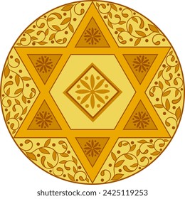 Hexagram star golden mandala with floral  elements. Design for post cards,invitations,flyers, holiday events,religious decoration,wall art,print