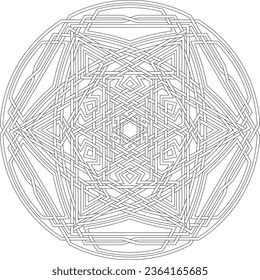 Hexagram star vector pattern ornament with circular circle and floral geometric background inside single huge circular heptagon lining vector background coloring book