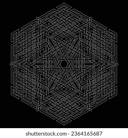 Hexagram star vector pattern ornament with circular circle and floral geometric background inside single huge circular heptagon lining vector background coloring book