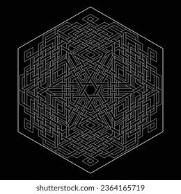 Hexagram star vector pattern ornament with circular circle and floral geometric background inside single huge circular heptagon lining vector background coloring book