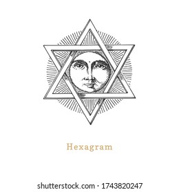 Hexagram and Sun, vector illustration in engraving style. Vintage pastiche of esoteric and occult sign. Drawn sketch of magical and mystical symbol.