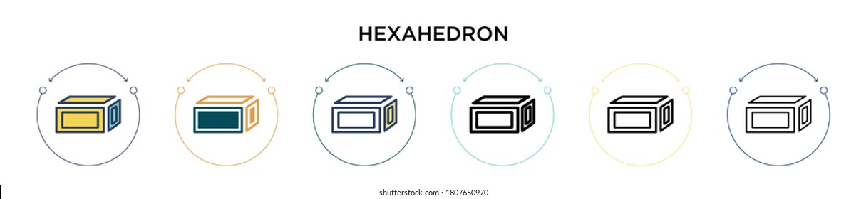 Hexahedron-Symbol in voller, dünner Linie, Umriss- und Strichstil. Vektorgrafik von zwei farbigen und schwarzen Hexahedron-Vektorgrafiken-Designs kann für mobile, iPhone-, web-basierte