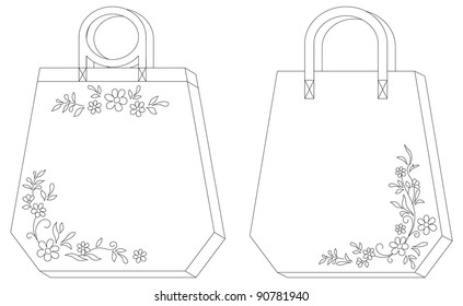 Hexahedron labels tags with floral pattern, contours. Vector