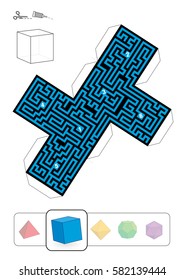 HEXAHEDRON MAZE - template of one of five platonic solid labyrinths - Print on heavy paper, cut it out, make a 3d model and find the right way from 1 to 6.