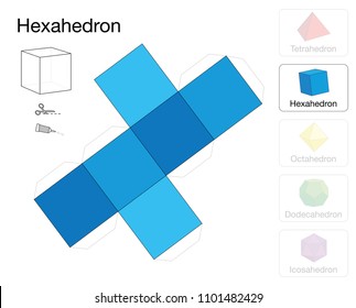 Hexahedron platonic solid template. Paper model of a cube, one of five platonic solids, to make a three-dimensional handicraft work out of the blue square net.