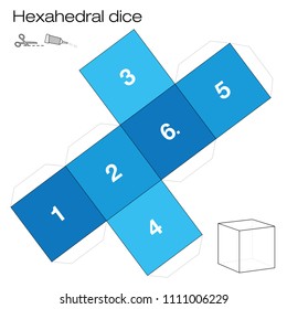 Hexahedron template, hexahedral dice - one of the five platonic solids - make a 3d item with six sides out of the net and play dice. Illustration on white background.